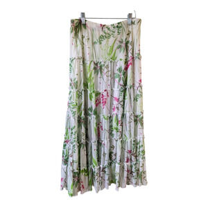 Apanage Size 8 A Line Tiered Midi Skirt Green White Floral Tropical Print